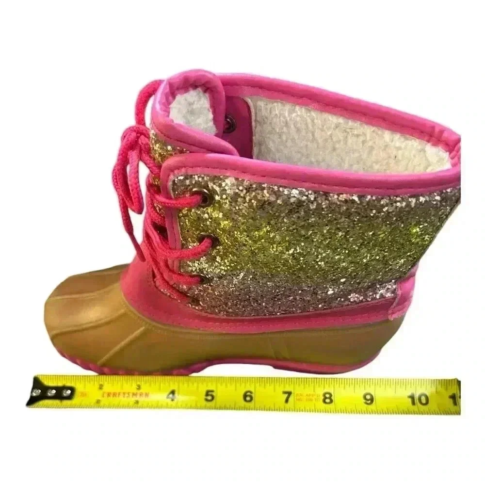 Olivia Miller Duck Boots  Girls Size 3 Pink Gold Glitter Fur Lined Lace Up